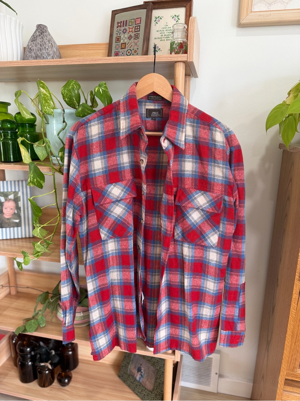 John Henry Wool Men’s Red/Blue Plaid Button Down Size Large